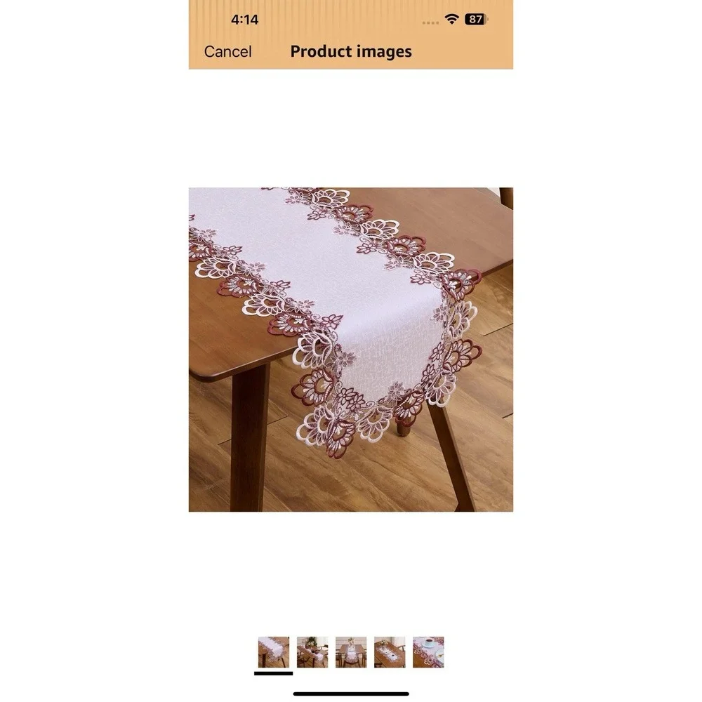 White Dark Red Jacquard Lace Table Runner 72 inches Long, Claret Dresser Scar...